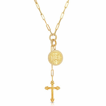 Saint Benedict and Holy Cross Drop Necklace