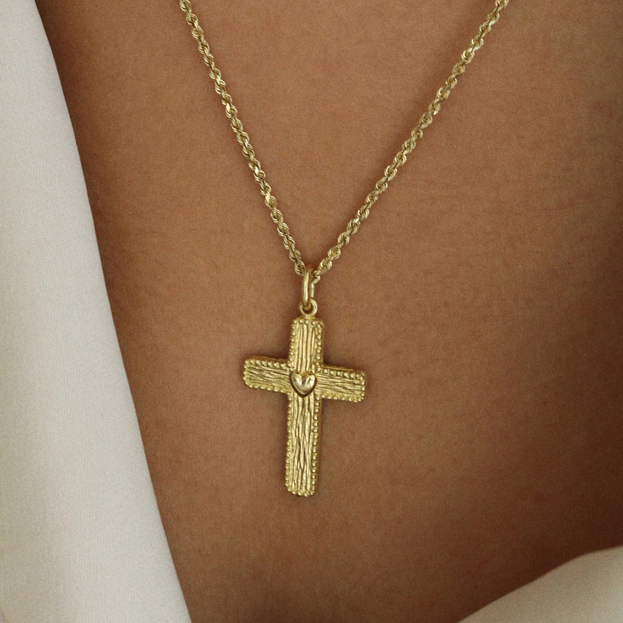18k Carved Cross Pendant with Heart Center