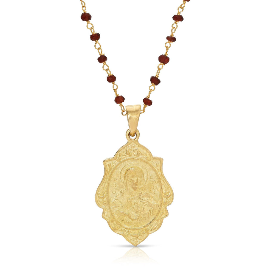 Garnet Jesus and Mary Pendant Necklace