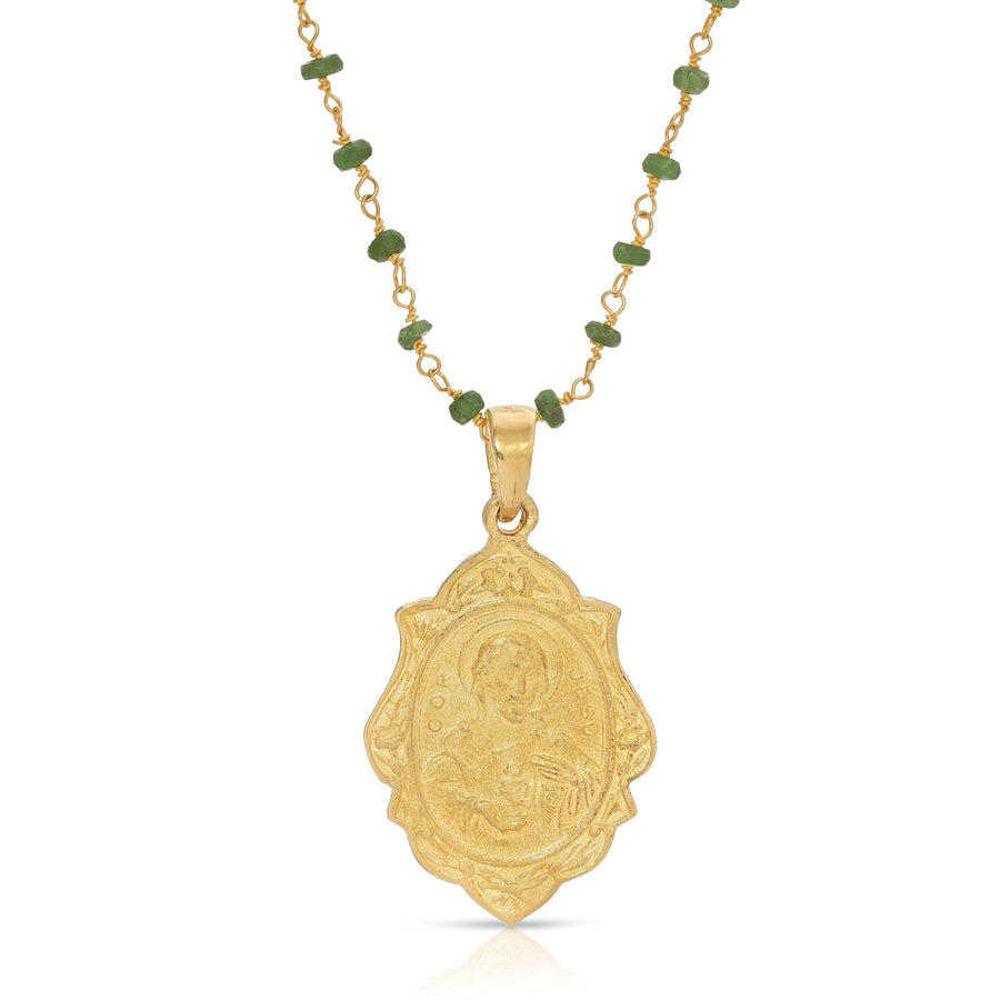 Emerald Jesus and Mary Pendant Necklace