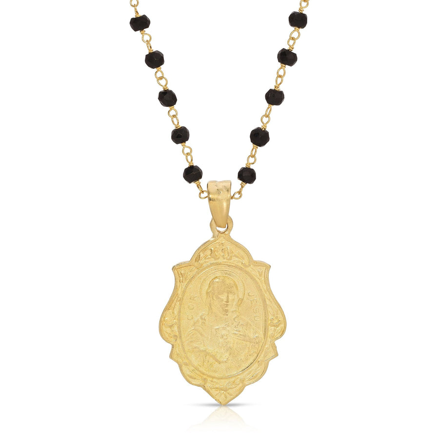 Black Spinel Jesus and Mary Pendant Necklace